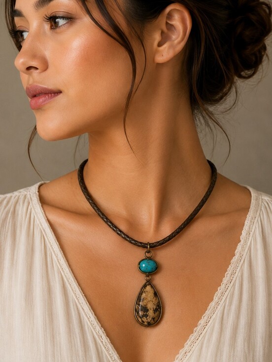 Studio Barse Jewelry - BARSE Interchangeable Jasper Turquoise Pendant Bronze Leather Cord Necklace